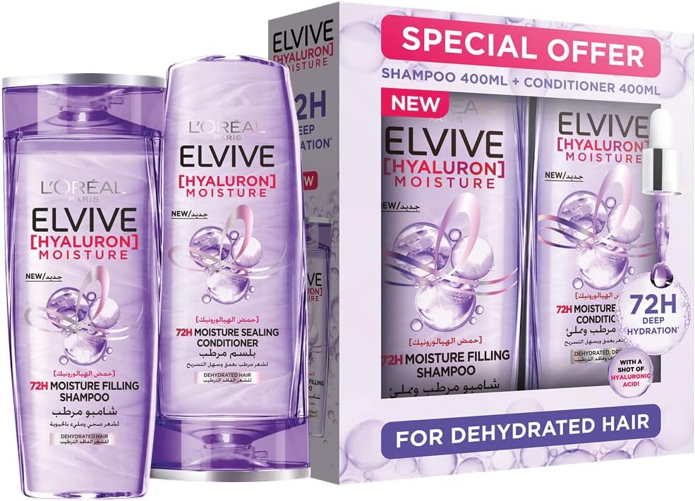 61QkB1X2b4L._AC_SL1080_ L'Oréal Paris Elvive Hyaluron Moisture Shampoo 400ml and Conditioner 360ml Dual Pack - Image 1